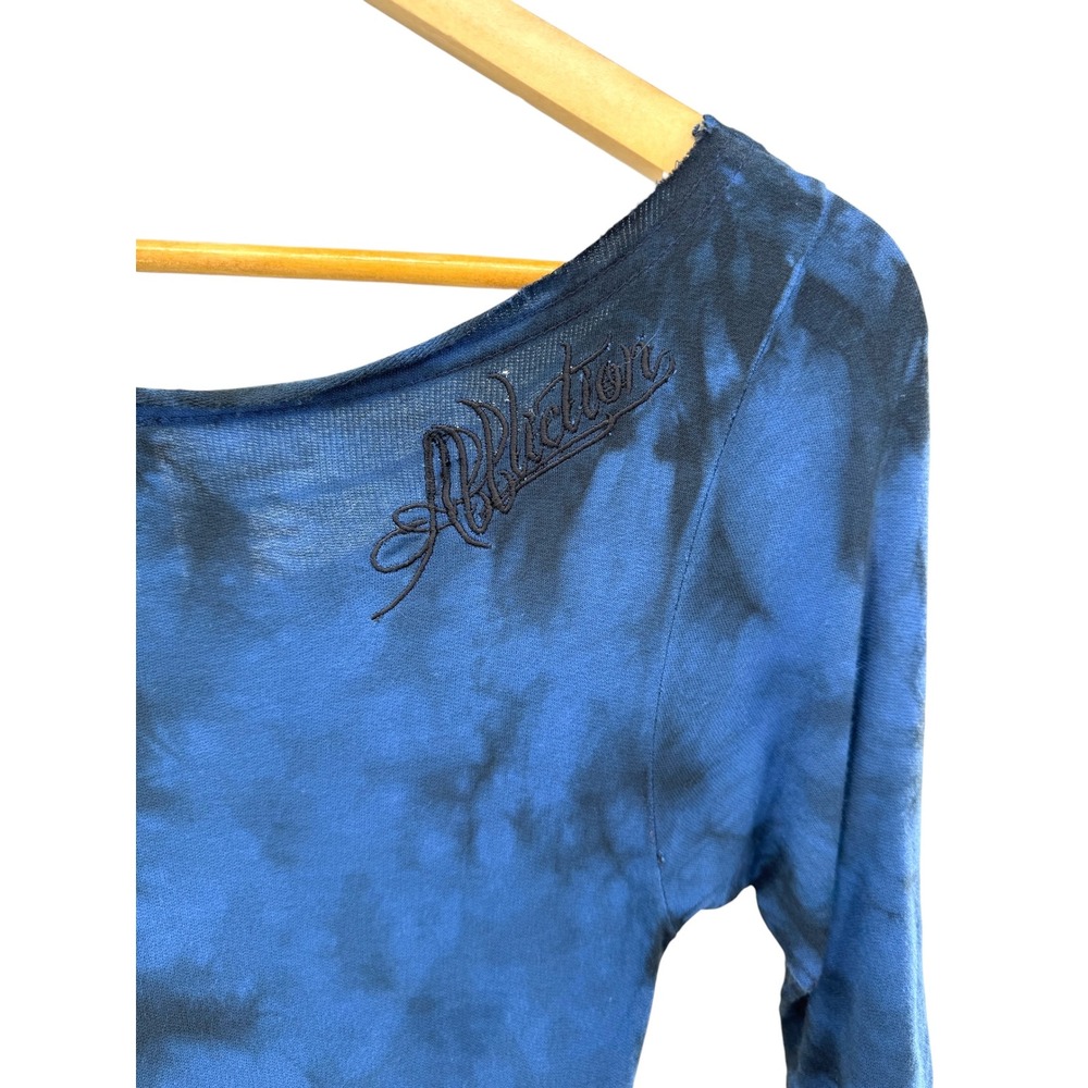 Affliction Blue Black Tie Dye Ruched Drawstring Asymmetrical Tee Dress M - Picture 8 of 9